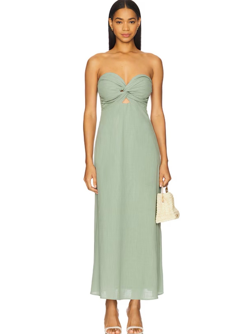 Strapless Sage Twist-Front Maxi Dress